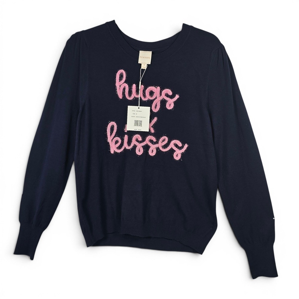 Zac‎ & Rachel Navy Blue Hugs & Kisses Fuzzy Graphic Sweater Womens Medium NWT